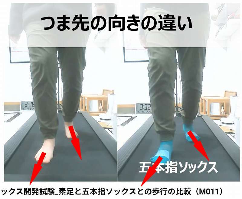 つま先の向きの違い:素足と五本指ソックス比較