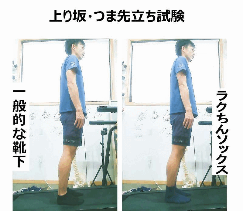 上り坂坂道でつま先立ちをする様子を一般的な靴下とラクチンソックスで比較している。ラクちんソックを使うと背伸びをすると前に移動する。一般的なソックスでは上の移動する