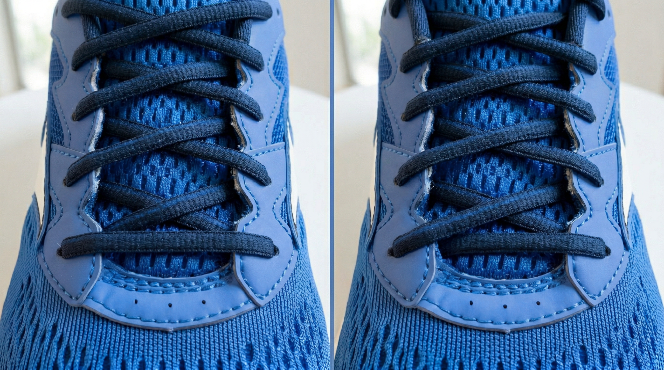 アンダーラップとオーバーラップの靴紐の違いを比較したランニングシューズの画像