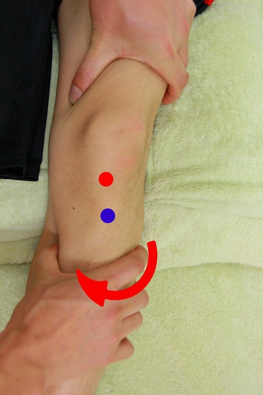 オスグッドの膝、青赤点と曲がる矢印