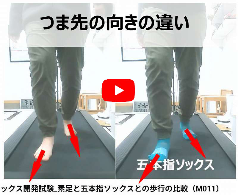 ソックスの違いで、つま先の向きとトゥーアウトの出方が変わることを示した比較画像
