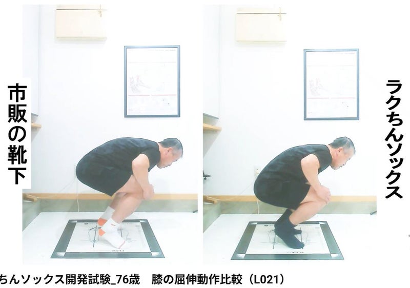 ラクちんソックスと市販靴下の膝屈伸動作比較