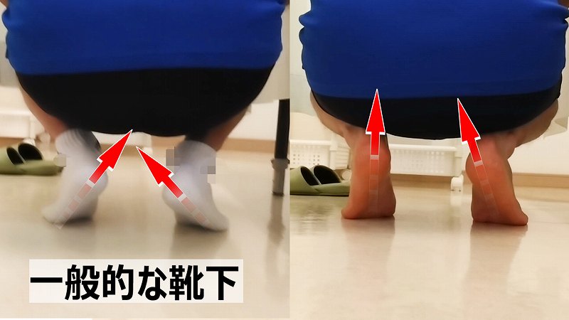 一般的な靴下と、素足のしゃがんだ時の足の形の比較。素足では踵が真上に上がるに対し、靴下を履くと踵が斜めにあがる様子。ピーター・ドラッカーは「企業の目的は顧客の創造である」と言いました。まぼろし工房は、流行りのマーケティングで顧客を騙すのではなく、「足の痛みに悩み、これまでの靴下に裏切られてきた人たち」の受け皿という、社会にぽっかり空いていた穴（需要）を埋めることで顧客を創り出しています。